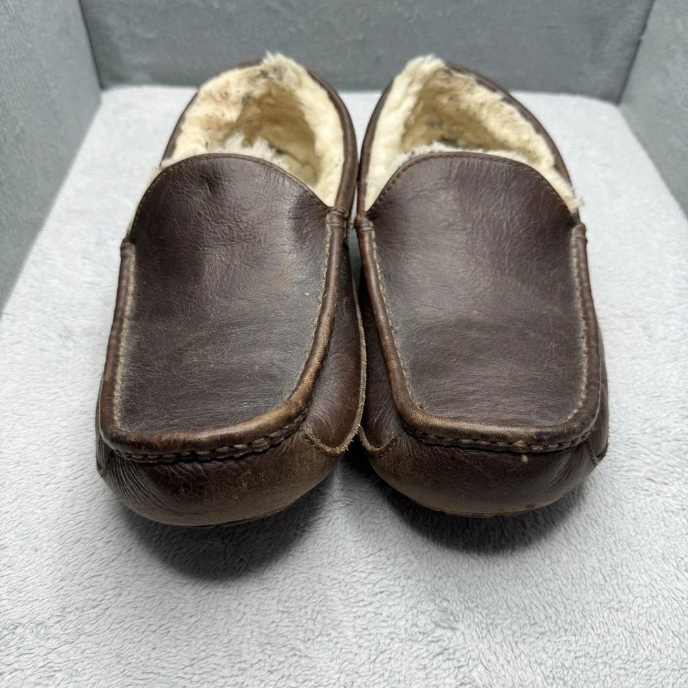UGG Ascot Brown Leather Comfort Indoor Moccasin Loafers Slipper Men's Size 10